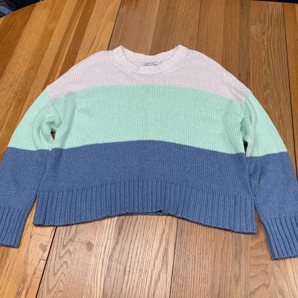 American Eagle Womens Colorblock Shaker Knit Sweater Pastel‎ Blue Green Large